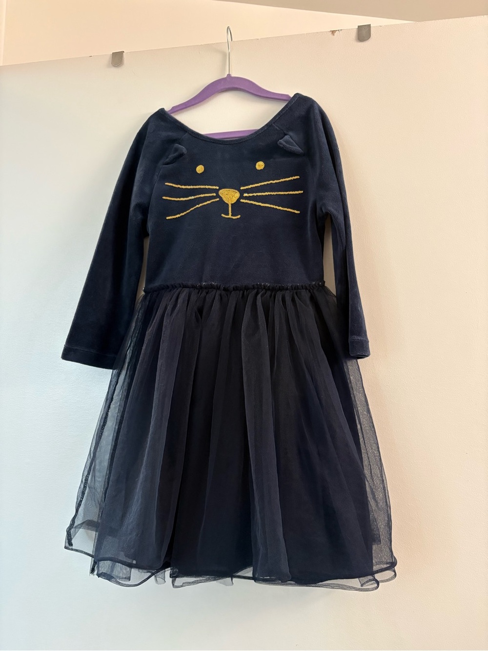 Mini Boden Navy Cat Tulle Dress with Gold Face Detail Size 9/10